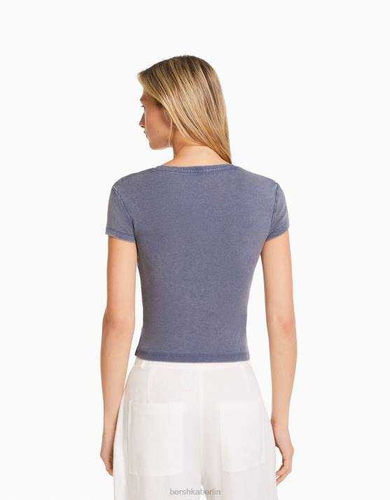 Dunkelblau Bershka Frauen Tailliertes Kurzarm-T-Shirt H00J480