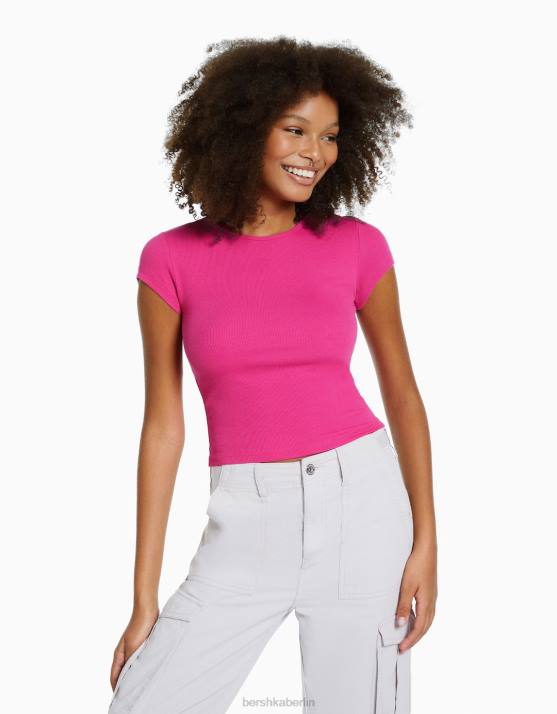 Fuchsie Bershka Frauen Geripptes Kurzarm-T-Shirt H00J352