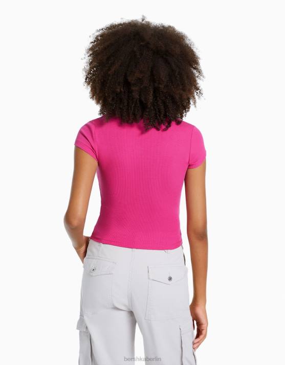 Fuchsie Bershka Frauen Geripptes Kurzarm-T-Shirt H00J352