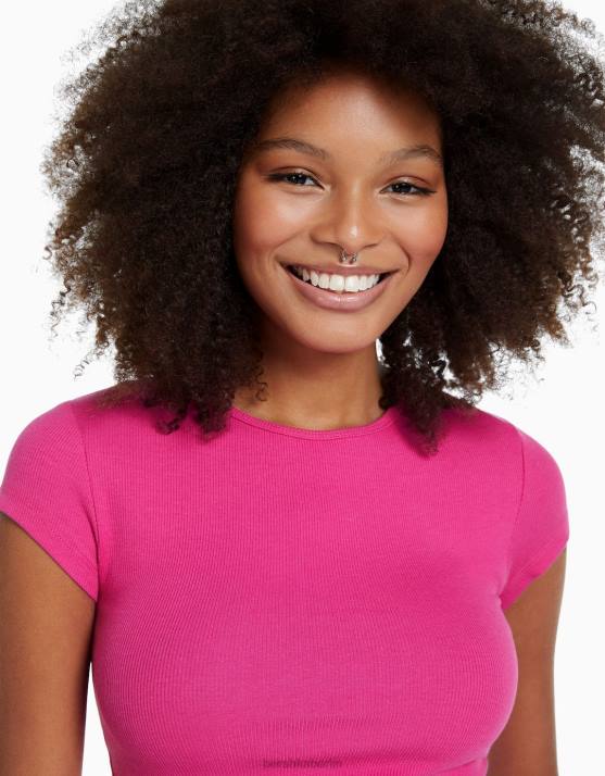 Fuchsie Bershka Frauen Geripptes Kurzarm-T-Shirt H00J352