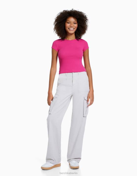 Fuchsie Bershka Frauen Geripptes Kurzarm-T-Shirt H00J352