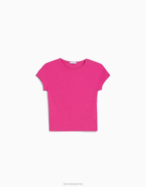 Fuchsie Bershka Frauen Geripptes Kurzarm-T-Shirt H00J352