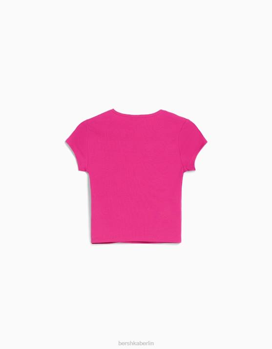 Fuchsie Bershka Frauen Geripptes Kurzarm-T-Shirt H00J352