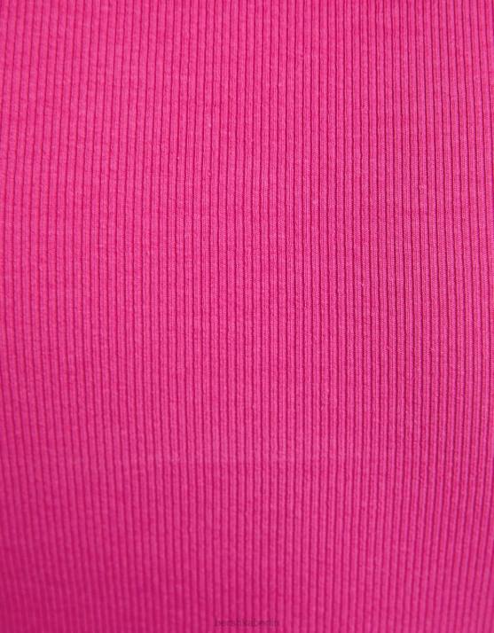 Fuchsie Bershka Frauen Geripptes Kurzarm-T-Shirt H00J352