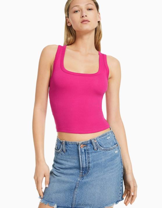 Fuchsie Bershka Frauen Geripptes Tanktop H00J316