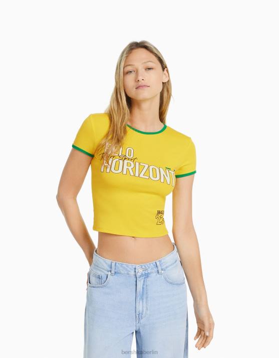 Gelb Bershka Frauen Kurzarm-T-Shirt mit Aufdruck H00J582