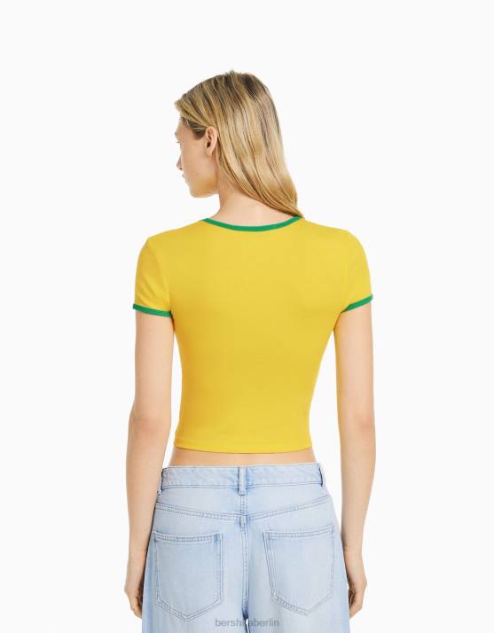 Gelb Bershka Frauen Kurzarm-T-Shirt mit Aufdruck H00J582