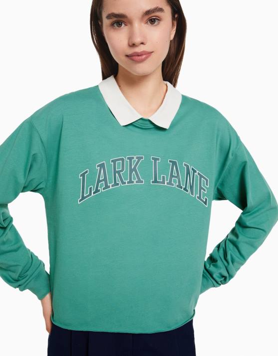 Grün Bershka Frauen Bedrucktes Langarm-T-Shirt mit Polokragen H00J621