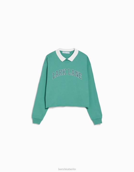 Grün Bershka Frauen Bedrucktes Langarm-T-Shirt mit Polokragen H00J621