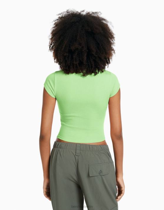 Grün Bershka Frauen Geripptes Kurzarm-T-Shirt H00J349