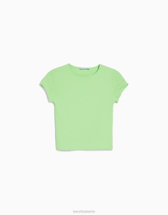 Grün Bershka Frauen Geripptes Kurzarm-T-Shirt H00J349
