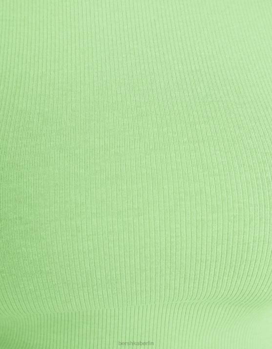 Grün Bershka Frauen Geripptes Kurzarm-T-Shirt H00J349