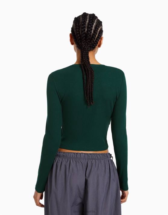 Grün Bershka Frauen Geripptes Langarm-T-Shirt H00J437