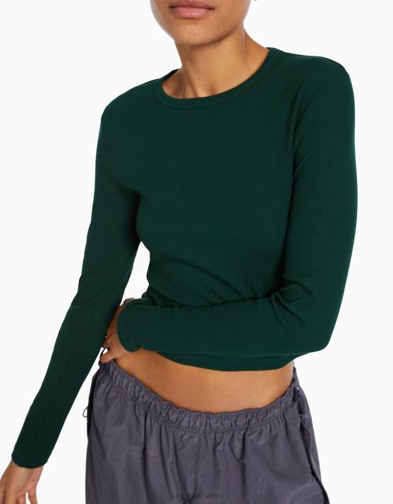 Grün Bershka Frauen Geripptes Langarm-T-Shirt H00J437