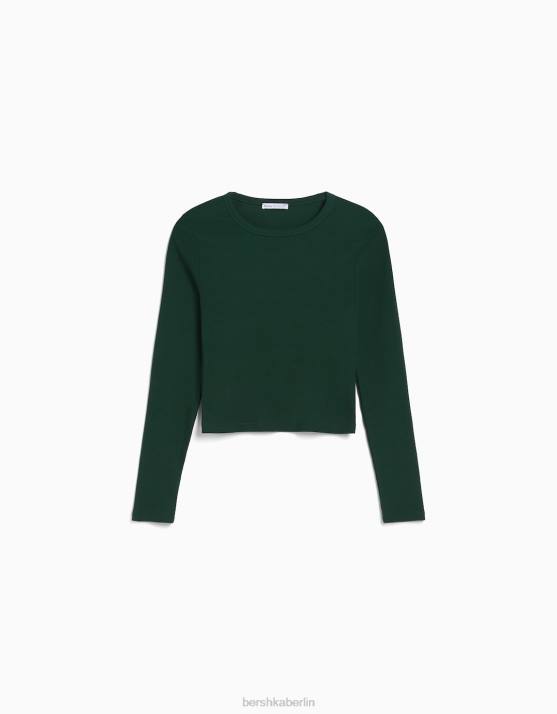 Grün Bershka Frauen Geripptes Langarm-T-Shirt H00J437