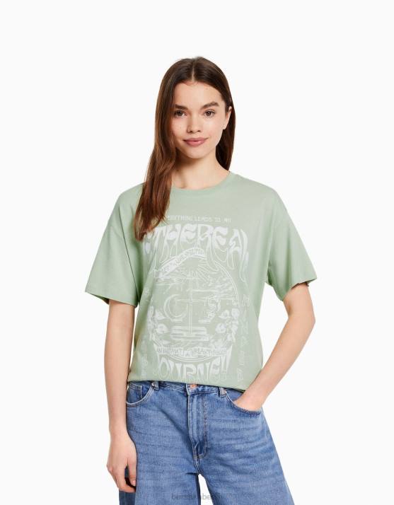 Grün Bershka Frauen Kurzarm-T-Shirt mit Aufdruck H00J505