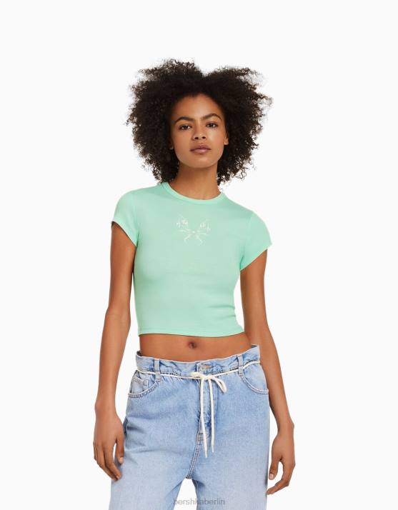 Grün Bershka Frauen Kurzarm-T-Shirt mit Aufdruck H00J598