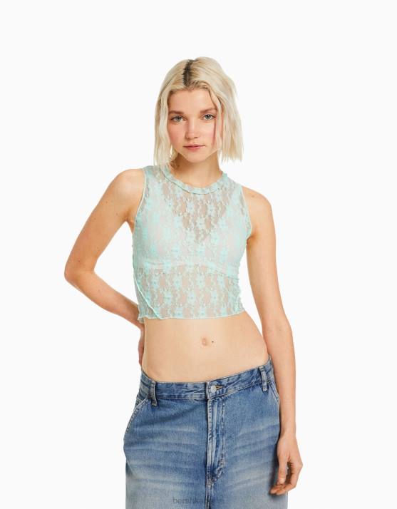 Grün Bershka Frauen ärmelloses Spitzenhemd H00J399