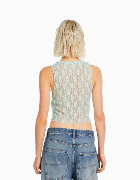 Grün Bershka Frauen ärmelloses Spitzenhemd H00J399