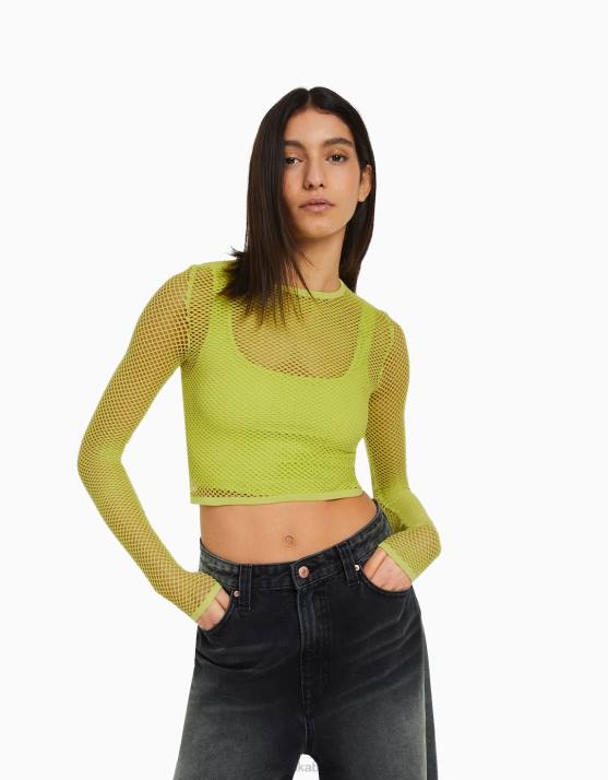 Kalk Bershka Frauen Nahtloses Langarm-Mesh-T-Shirt H00J526