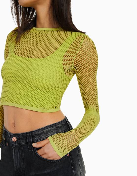 Kalk Bershka Frauen Nahtloses Langarm-Mesh-T-Shirt H00J526