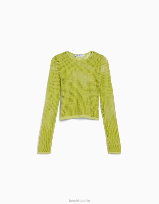 Kalk Bershka Frauen Nahtloses Langarm-Mesh-T-Shirt H00J526