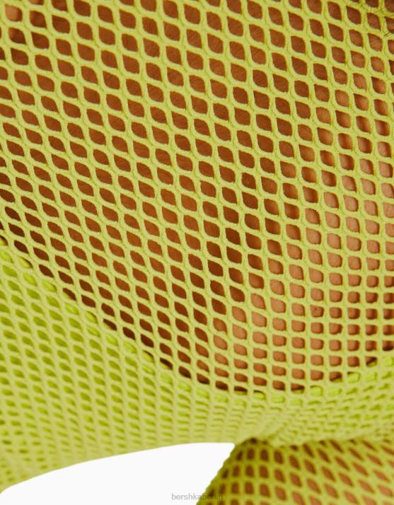 Kalk Bershka Frauen Nahtloses Langarm-Mesh-T-Shirt H00J526