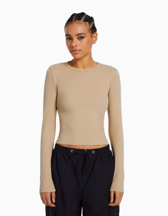 Kamel Bershka Frauen Geripptes Langarm-T-Shirt H00J576