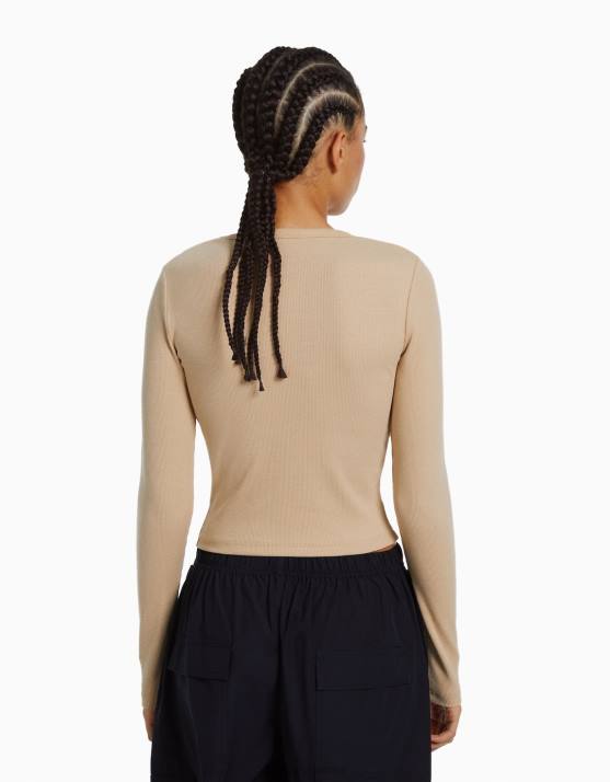 Kamel Bershka Frauen Geripptes Langarm-T-Shirt H00J576