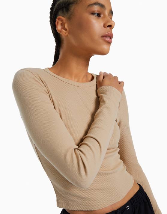 Kamel Bershka Frauen Geripptes Langarm-T-Shirt H00J576