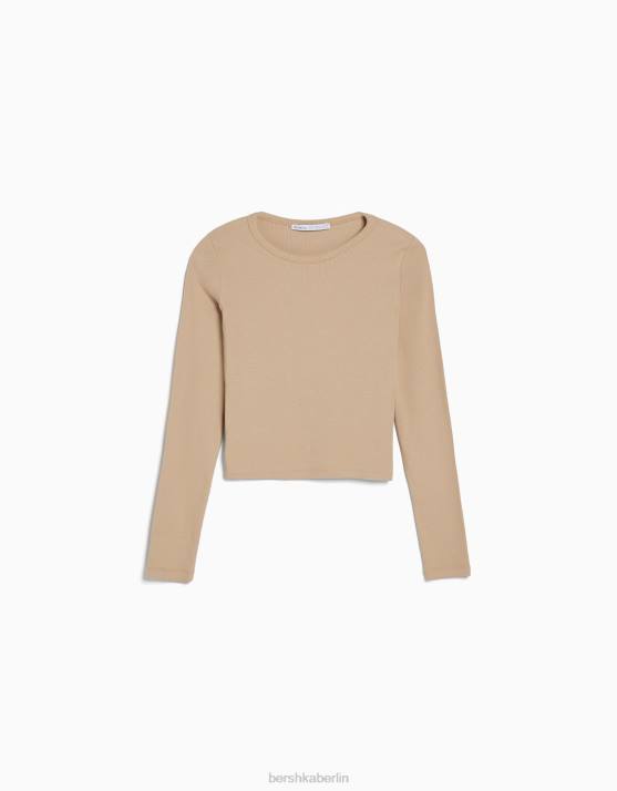 Kamel Bershka Frauen Geripptes Langarm-T-Shirt H00J576