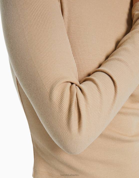 Kamel Bershka Frauen Geripptes Langarm-T-Shirt H00J576