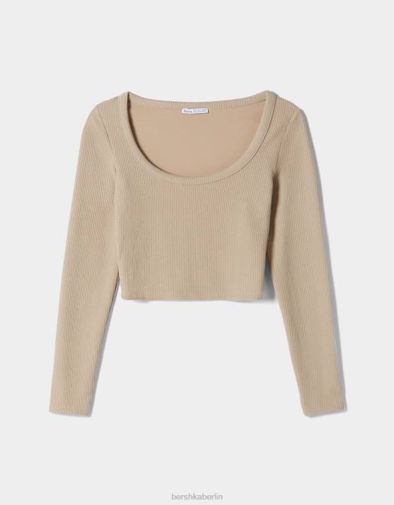 Kamel Bershka Frauen Geripptes, strukturiertes Langarm-T-Shirt H00J593