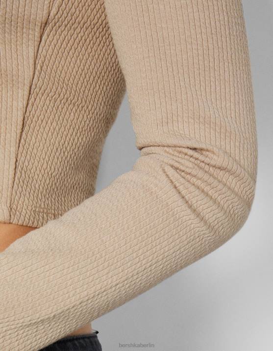 Kamel Bershka Frauen Geripptes, strukturiertes Langarm-T-Shirt H00J593