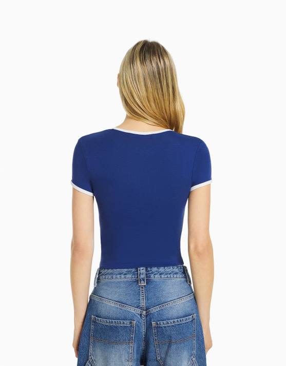 Marine Bershka Frauen Kurzarm-T-Shirt mit Aufdruck H00J581