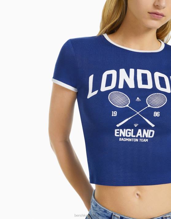 Marine Bershka Frauen Kurzarm-T-Shirt mit Aufdruck H00J581