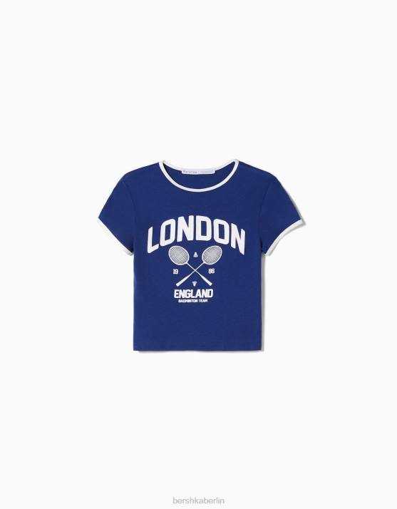 Marine Bershka Frauen Kurzarm-T-Shirt mit Aufdruck H00J581