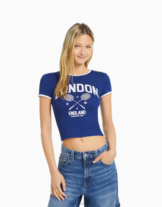 Marine Bershka Frauen Kurzarm-T-Shirt mit Aufdruck H00J633