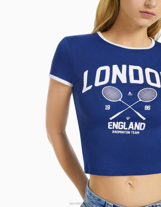 Marine Bershka Frauen Kurzarm-T-Shirt mit Aufdruck H00J633