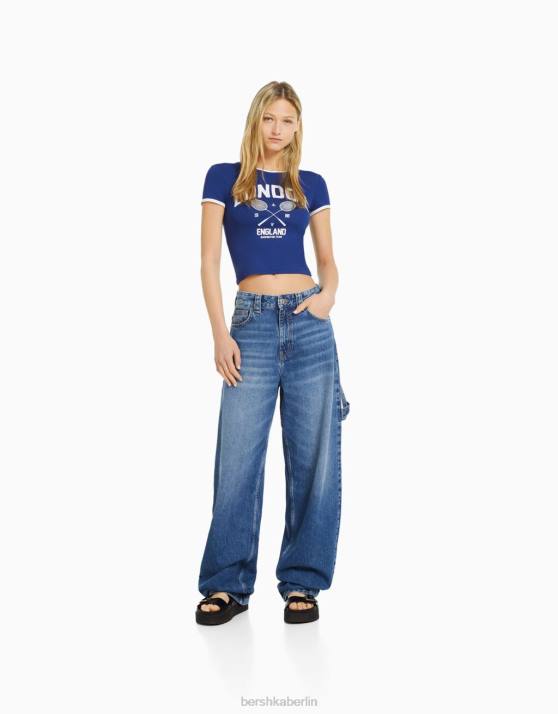 Marine Bershka Frauen Kurzarm-T-Shirt mit Aufdruck H00J633