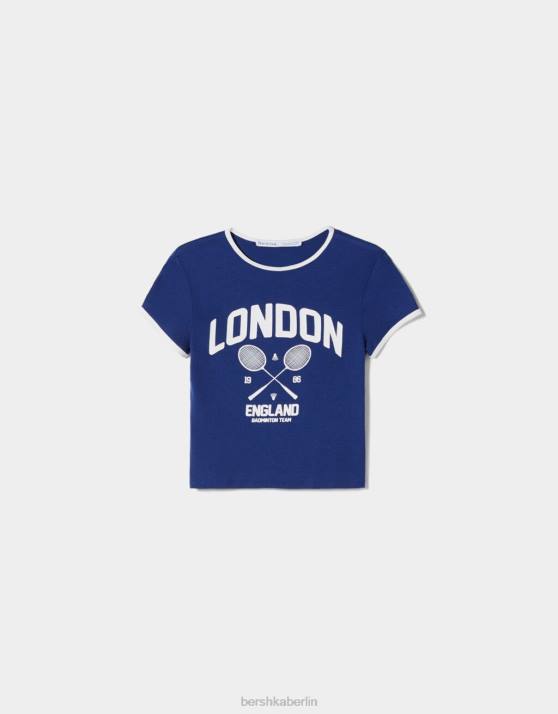 Marine Bershka Frauen Kurzarm-T-Shirt mit Aufdruck H00J633