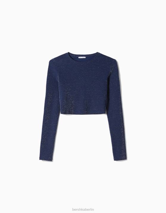 Marine Bershka Frauen Langärmliges, tailliertes T-Shirt H00J646