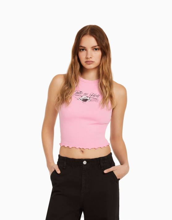 Rosa Bershka Frauen Geripptes, bedrucktes, ärmelloses T-Shirt H00J630