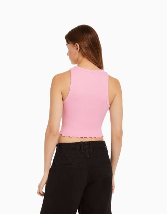 Rosa Bershka Frauen Geripptes, bedrucktes, ärmelloses T-Shirt H00J630