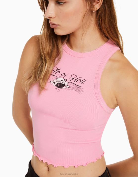 Rosa Bershka Frauen Geripptes, bedrucktes, ärmelloses T-Shirt H00J630