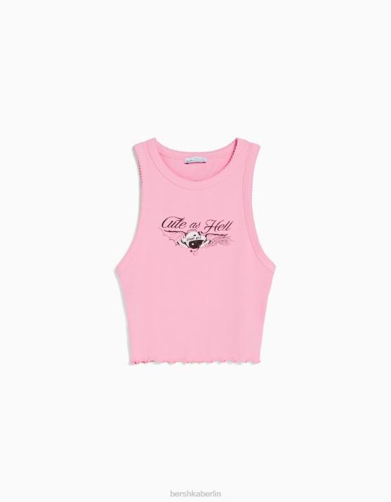 Rosa Bershka Frauen Geripptes, bedrucktes, ärmelloses T-Shirt H00J630
