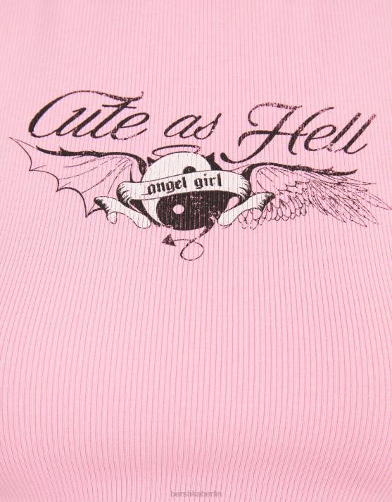 Rosa Bershka Frauen Geripptes, bedrucktes, ärmelloses T-Shirt H00J630