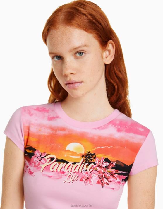 Rosa Bershka Frauen Kurzarm-T-Shirt mit Aufdruck H00J294