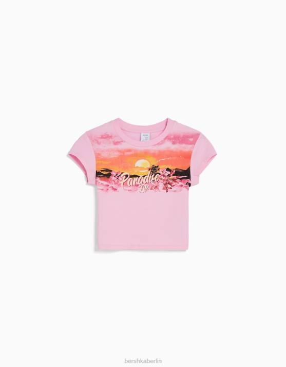 Rosa Bershka Frauen Kurzarm-T-Shirt mit Aufdruck H00J294