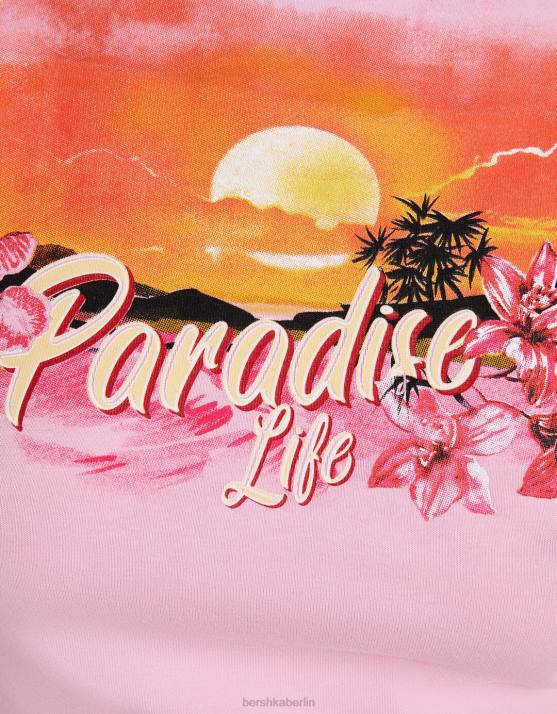 Rosa Bershka Frauen Kurzarm-T-Shirt mit Aufdruck H00J294